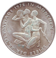 Монета 10 марок, 1972 год, ФРГ. Атлеты. XX Летние Олимпийские игры. Мюнхен-1972. (G).