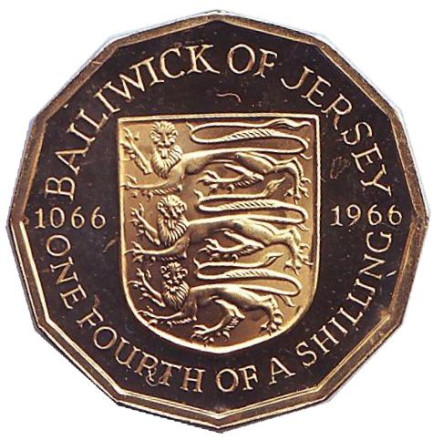 Монета 1/4 шиллинга. 1966 год, Джерси. Proof. 900 лет битве при Гастингсе.