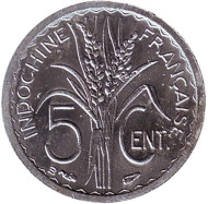 Монета 5 сантимов. 1946 год (B), Французский Индокитай. Монета 5 сантимов. 1946 год (B), Французский Индокитай.