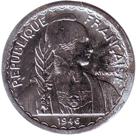 Монета 5 сантимов. 1946 год (B), Французский Индокитай. Монета 5 сантимов. 1946 год (B), Французский Индокитай.