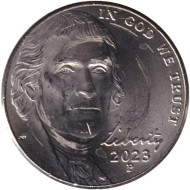 Монета 5 центов. 2023 год (P), США. Джефферсон. Монтичелло. Монета 5 центов. 2023 год (P), США. Джефферсон. Монтичелло.