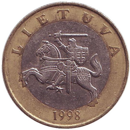 Монета 2 лита. 1998 год, Литва. Из обращения. Рыцарь.