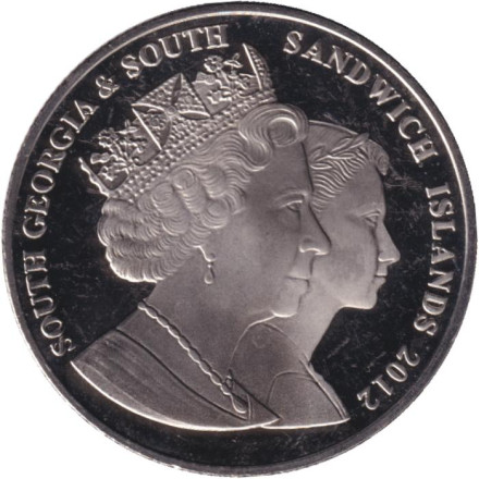 Монета 2 фунта. 2012 год, Южная Георгия и Южные Сандвичевы острова. Первая годовщина свадьбы Принца Уильяма и Кэтрин Миддлтон.