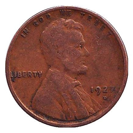 Монета 1 цент. 1927 год (D), США. Линкольн.