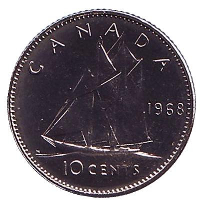 Монета 10 центов. 1968 год, Канада. UNC. Парусник.