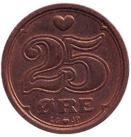 Монета 25 эре. 1991 год, Дания. Монета 25 эре. 1991 год, Дания.