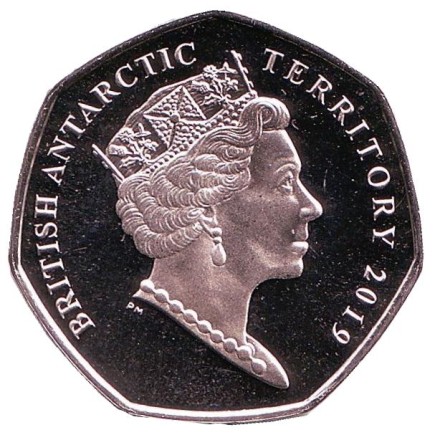Монета 50 пенсов. 2019 год, Британская антарктическая территория. Пингвин Адели.