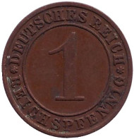 Монета 1 рейхспфенниг. 1933 год (A), Веймарская республика. Монета 1 рейхспфенниг. 1933 год (A), Веймарская республика.