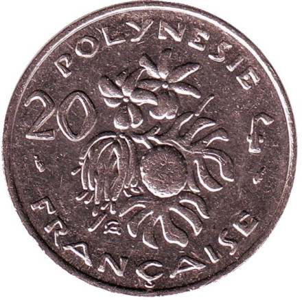 Монета 20 франков. 1992 год, Французская Полинезия. Плод хлебного дерева, стручки ванили.