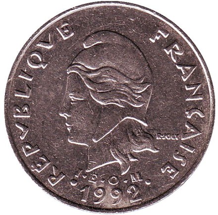 Монета 20 франков. 1992 год, Французская Полинезия. Плод хлебного дерева, стручки ванили.