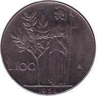 Монета 100 лир. 1956 год, Италия. Богиня мудрости Минерва рядом с оливковым деревом. Монета 100 лир. 1956 год, Италия. Богиня мудрости Минерва рядом с оливковым деревом.