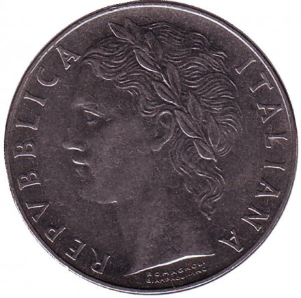 Монета 100 лир. 1956 год, Италия. Богиня мудрости Минерва рядом с оливковым деревом. Монета 100 лир. 1956 год, Италия. Богиня мудрости Минерва рядом с оливковым деревом.