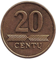 Монета 20 центов. 1998 год, Литва. Монета 20 центов. 1998 год, Литва.