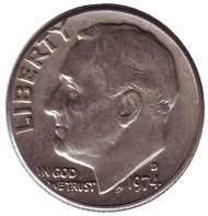 Монета 10 центов. 1974 (D) год, США. Рузвельт. Монета 10 центов. 1974 (D) год, США. Рузвельт.
