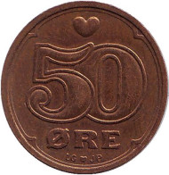 Монета 50 эре. 1995 год, Дания. Монета 50 эре. 1995 год, Дания.