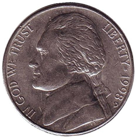 Монета 5 центов. 1998 год (D), США. Джефферсон. Монтичелло.