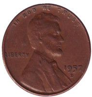 Монета 1 цент. 1957 год (D), США. Линкольн. Монета 1 цент. 1957 год (D), США. Линкольн.