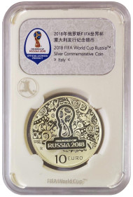 Монета 10 евро. 2018 год, Италия. Чемпионат мира по футболу в России 2018. Монета 10 евро. 2018 год, Италия. Чемпионат мира по футболу в России 2018.