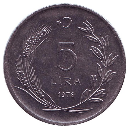 Монета 5 лир. 1976 год, Турция.