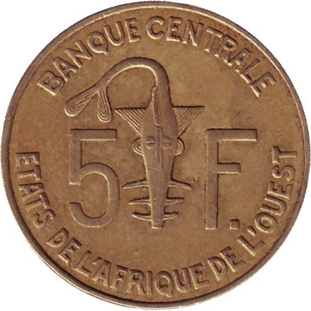 Монета 5 франков. 2007 год, Западные Африканские Штаты. Монета 5 франков. 2007 год, Западные Африканские Штаты.