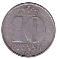 Монета 10 пфеннигов. 1979 год, ГДР. Монета 10 пфеннигов. 1979 год, ГДР.