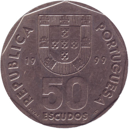Монета 50 эскудо. 1999 год, Португалия. Парусник.