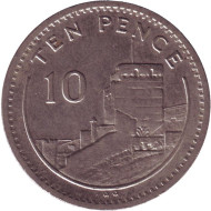 Монета 10 пенсов. 1990 год, Гибралтар. Мавританский замок. (AA). Монета 10 пенсов. 1990 год, Гибралтар. Мавританский замок. (AA).