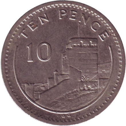  Мавританский замок. Монета 10 пенсов. 1990 год (AA), Гибралтар.