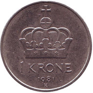 Монета 1 крона. 1981 год, Норвегия. Корона. Монета 1 крона. 1981 год, Норвегия. Корона.