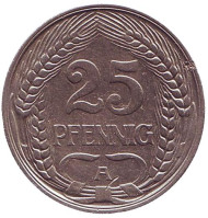 Монета 25 пфеннигов. 1910 год (A), Германская империя. Монета 25 пфеннигов. 1910 год (A), Германская империя.