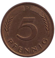 Монета 5 пфеннигов. 1978 год (D), ФРГ. Дубовые листья. Монета 5 пфеннигов. 1978 год (D), ФРГ. Дубовые листья.