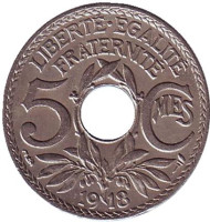 Монета 5 сантимов. 1918 год, Франция. Монета 5 сантимов. 1918 год, Франция.