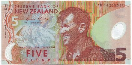 Банкнота 5 долларов. 2014 год, Новая Зеландия. Сэр Эдмунд Хиллари. Пингвин.