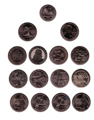 Набор из 15 памятных жетонов Московского монетного двора в альбоме серии "Уроки истории". Нейзильбер. Россия, ММД, 2014-2015 гг.