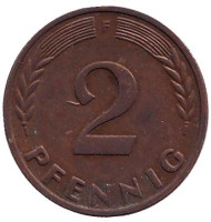 Монета 2 пфеннига. 1959 год (F), ФРГ. Дубовые листья. Монета 2 пфеннига. 1959 год (F), ФРГ. Дубовые листья.