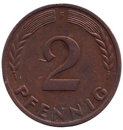 Монета 2 пфеннига. 1959 год (F), ФРГ. Дубовые листья.