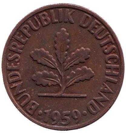 Монета 2 пфеннига. 1959 год (F), ФРГ. Дубовые листья.