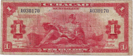 Банкнота 1 гульден. 1942 год, Кюрасао.