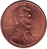 Монета 1 цент. 2006 год (D), США. Линкольн. Монета 1 цент. 2006 год (D), США. Линкольн.