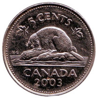 Бобр. Монета 5 центов, 2003 год, Канада. (Старый профиль Елизаветы II)