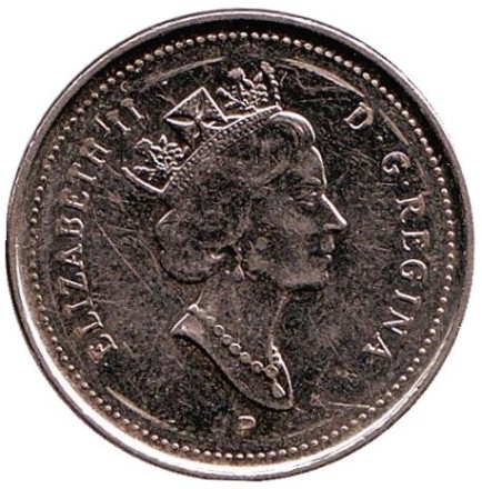 Монета 5 центов, 2003 год, Канада. (Старый профиль Елизаветы II) Бобр.