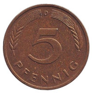 Монета 5 пфеннигов. 1979 год (D), ФРГ. Дубовые листья. Монета 5 пфеннигов. 1979 год (D), ФРГ. Дубовые листья.