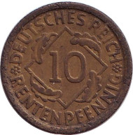 Монета 10 рентенпфеннигов. 1924 (D) год, Веймарская республика. Монета 10 рентенпфеннигов. 1924 (D) год, Веймарская республика.