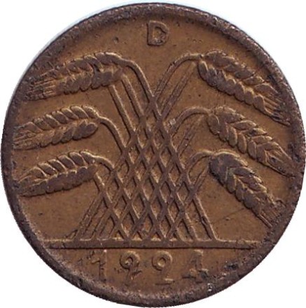 Монета 10 рентенпфеннигов. 1924 (D) год, Веймарская республика.