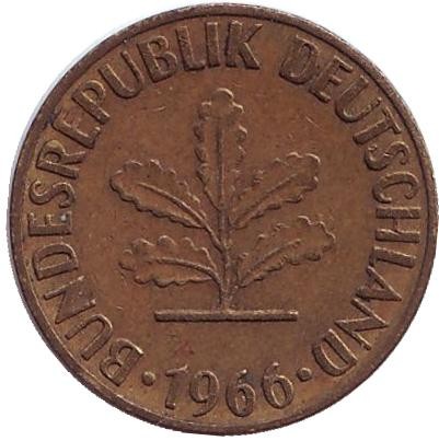 Монета 5 пфеннигов. 1966 год (D), ФРГ. Дубовые листья.