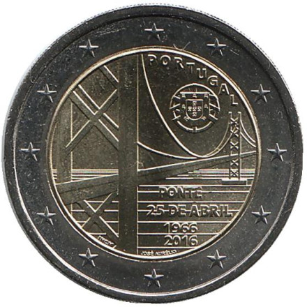Монета 2 евро, 2016 год, Португалия. Мост имени 25 апреля.