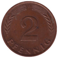Монета 2 пфеннига. 1966 год (D), ФРГ. Дубовые листья. Монета 2 пфеннига. 1966 год (D), ФРГ. Дубовые листья.
