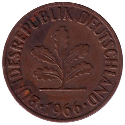 Монета 2 пфеннига. 1966 год (D), ФРГ. Дубовые листья.