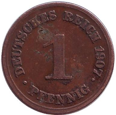 Монета 1 пфенниг. 1907 год (D), Германская империя.