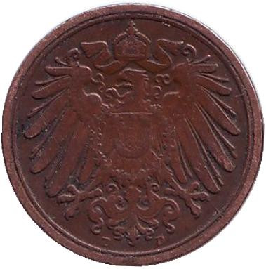 Монета 1 пфенниг. 1907 год (D), Германская империя. Монета 1 пфенниг. 1907 год (D), Германская империя.